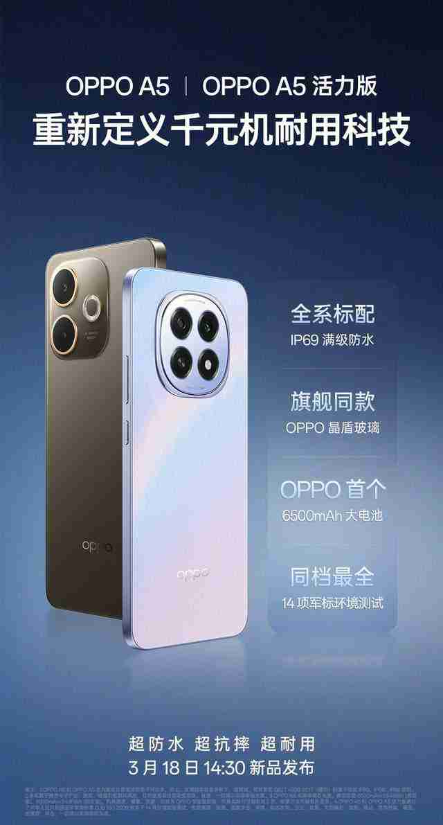 千元机标配 IP69 满级防水!OPPO A5 系列新品开启预售