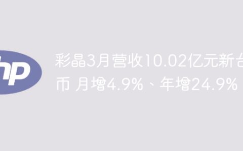 彩晶3月营收10.02亿元新台币 月增4.9%、年增24.9%