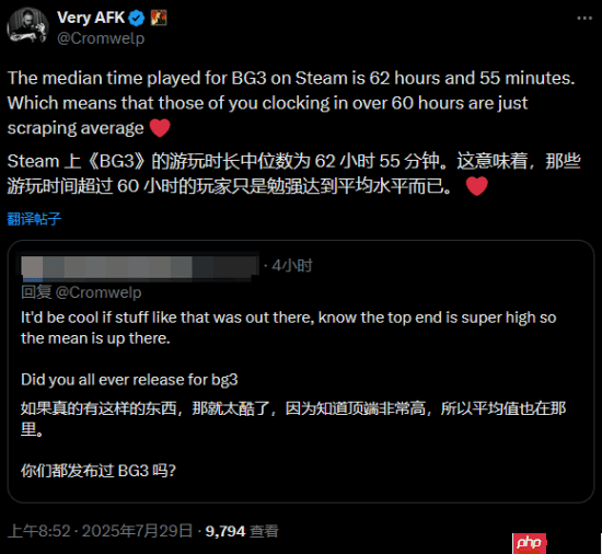 发行总监透露《博德之门3》游玩时长中位数:高达62小时55分!