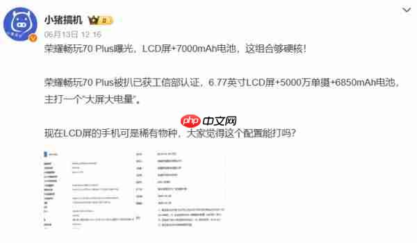 荣耀畅玩 70 Plus 被曝近期发布 搭载 7000mAh 大电池