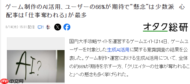 最新日本玩家关于AI制作游戏认同度调查 66%表示期待