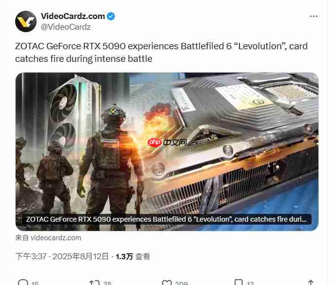 索泰RTX 5090玩《战地6》时突然起火 PCB严重熔化