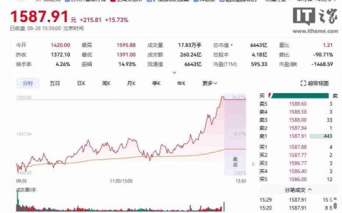 再超贵州茅台，芯片企业寒武纪收盘价逼近 1600 元 A 股“称王”