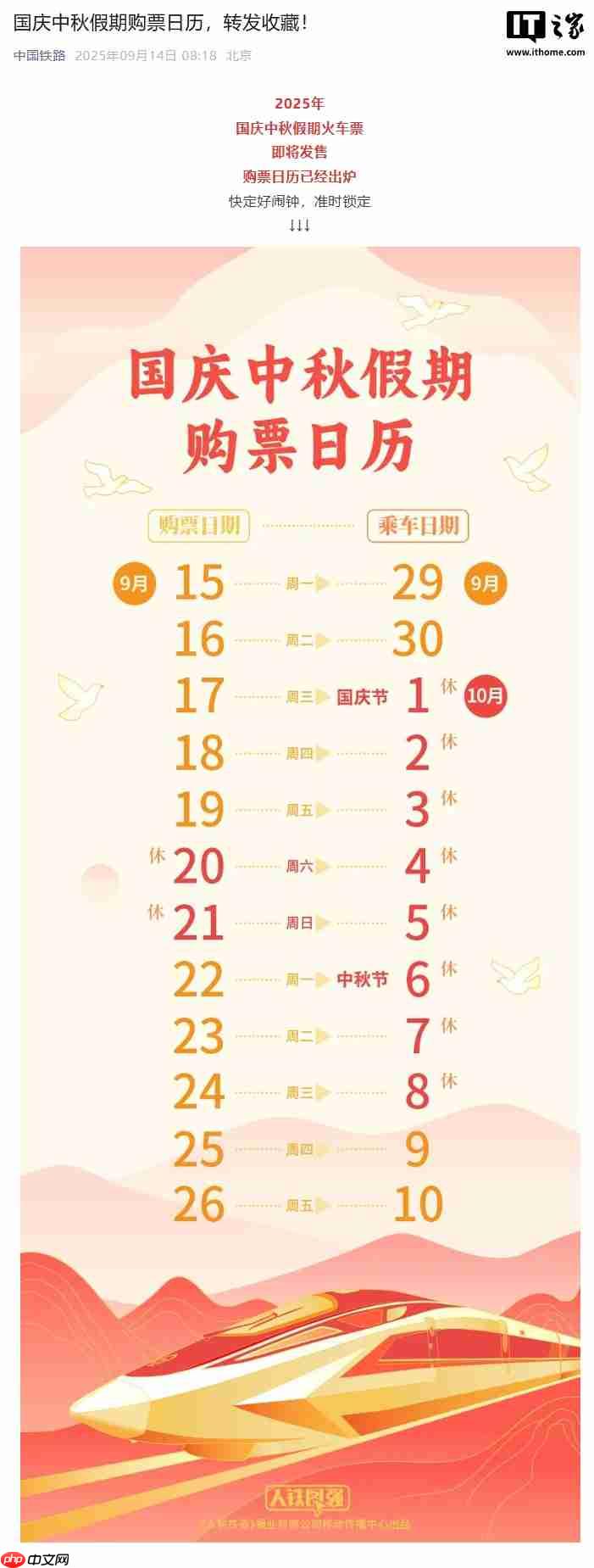 中国铁路公布国庆中秋假期购票日历,明日可购 9 月 29 日车票