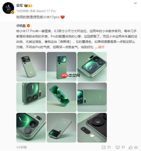 你最心动小米17pro哪款颜色 雷军自曝了:我用的是绿色版