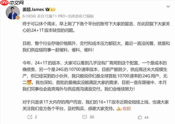 几乎所有厂商都放弃了24G+1T版本 红魔姜超:成本太贵 产能很少