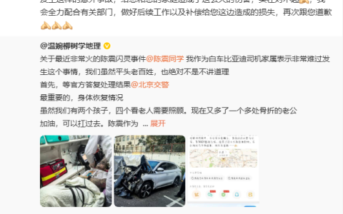 陈震回应车祸事件被撞方家属：道歉，并会补偿造成的损失