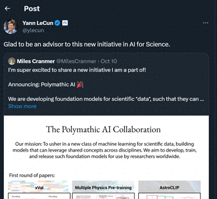 AI for Science 开源新项目「Polymathic AI」,Yann LeCun担任顾问