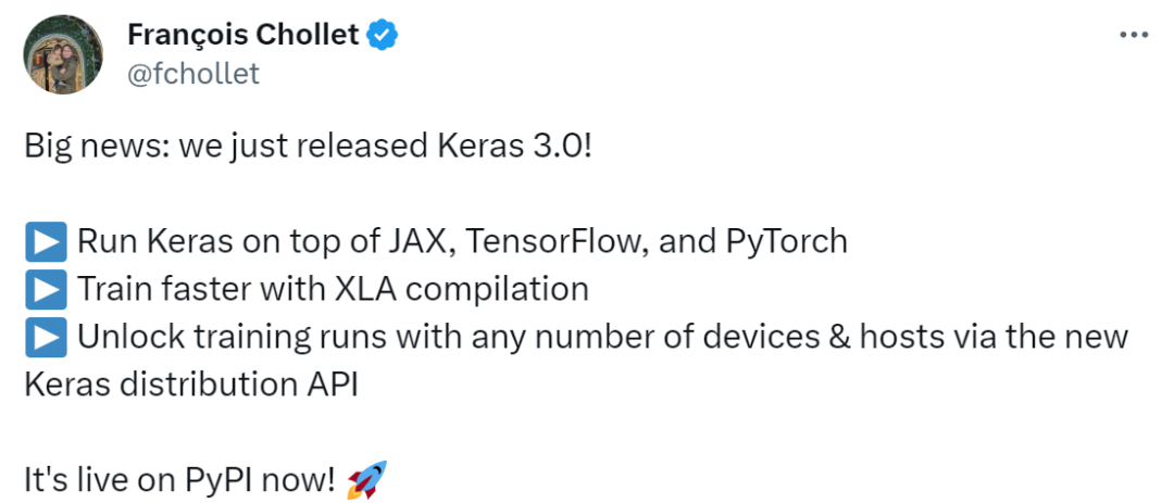 Keras 3.0正式发布:可用于TensorFlow、JAX和PyTorch
