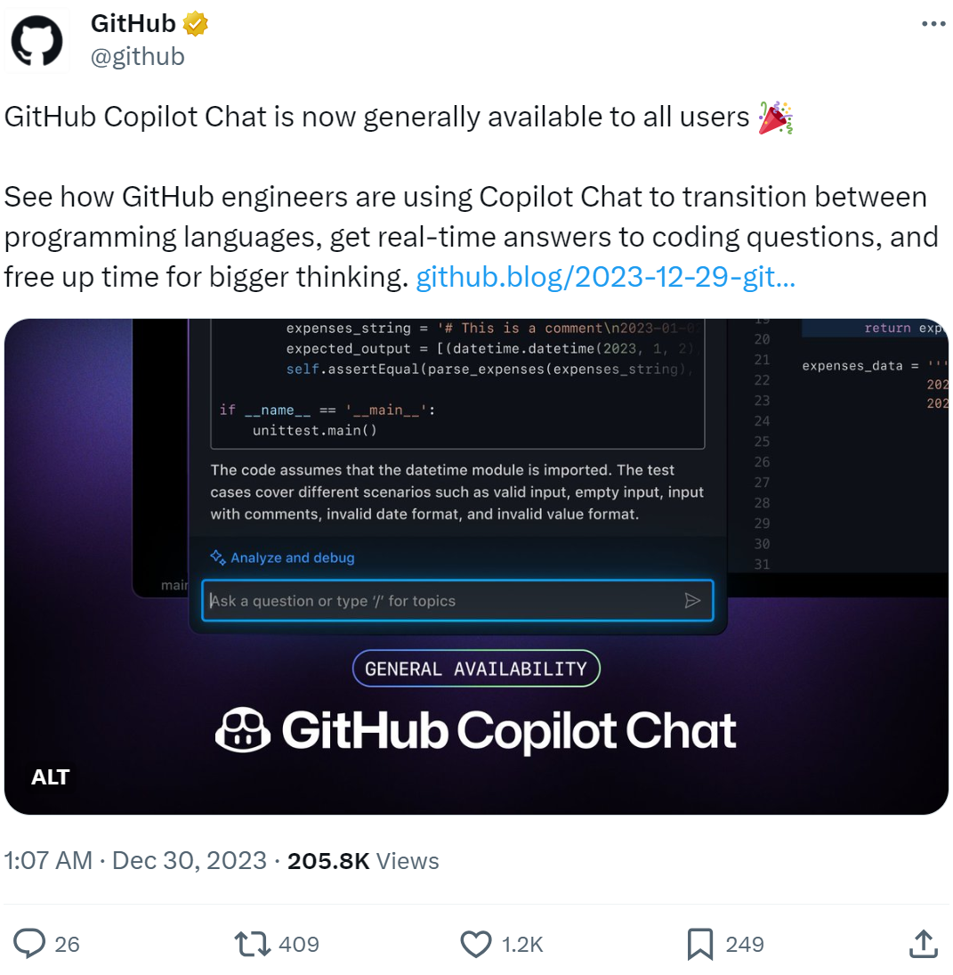 GitHub年终福利,编程聊天机器人开放给所有用户,网友直呼:破局者