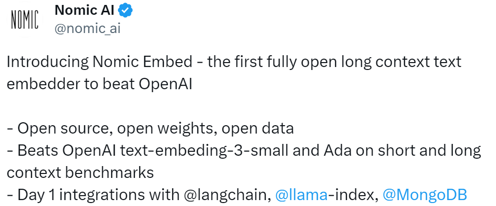 击败OpenAI,权重、数据、代码全开源,能完美复现的嵌入模型Nomic Embed来了