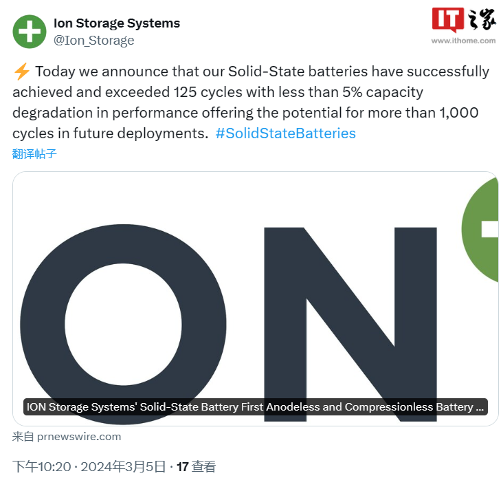 美国 ION 公司固态电池新突破:超 125 次循环,容量衰减低于 5%