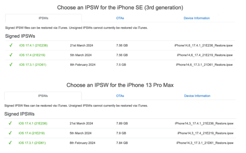iOS 17.3.1 开放验证通道，iPhone XS-15 系列机型降级操作方法