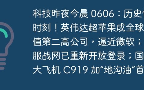 科技昨夜今晨 0606：历史性时刻！英伟达超苹果成全球市值第二高公司，逼近微软；国服战网已重新开放登录；国产大飞机 C919 加“地沟油”首飞