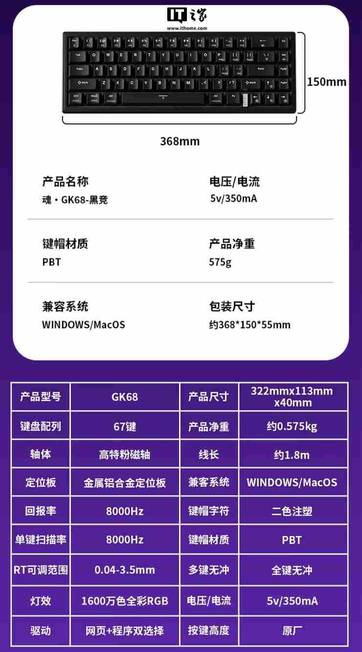 机械革命 GK68 有线磁轴键盘开售:Gasket 结构、RT 100 级可调,首发 229 元