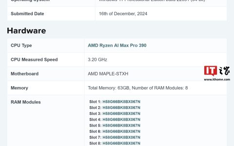 AMD 锐龙 AI MAX PRO 390 处理器现身基准测试，配 Radeon 8050S 显卡