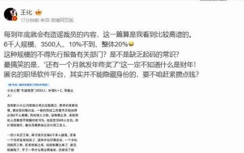 王化辟谣“小米年底大规模裁员”传闻：造谣者缺乏起码的常识