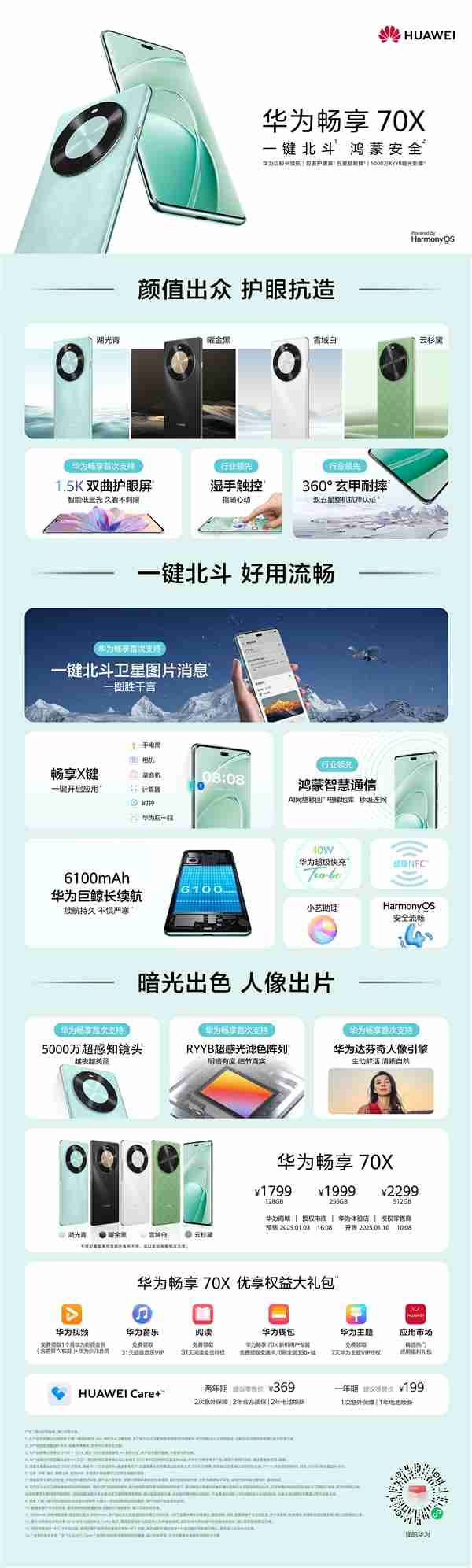 1799元买麒麟8000A版Mate 60!一图看懂华为畅享70X:6100mAh电池、一键北斗