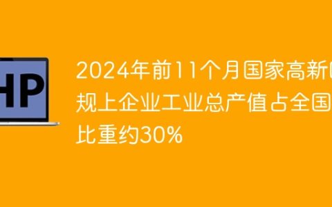 2024年前11个月国家高新区规上企业工业总产值占全国比重约30%