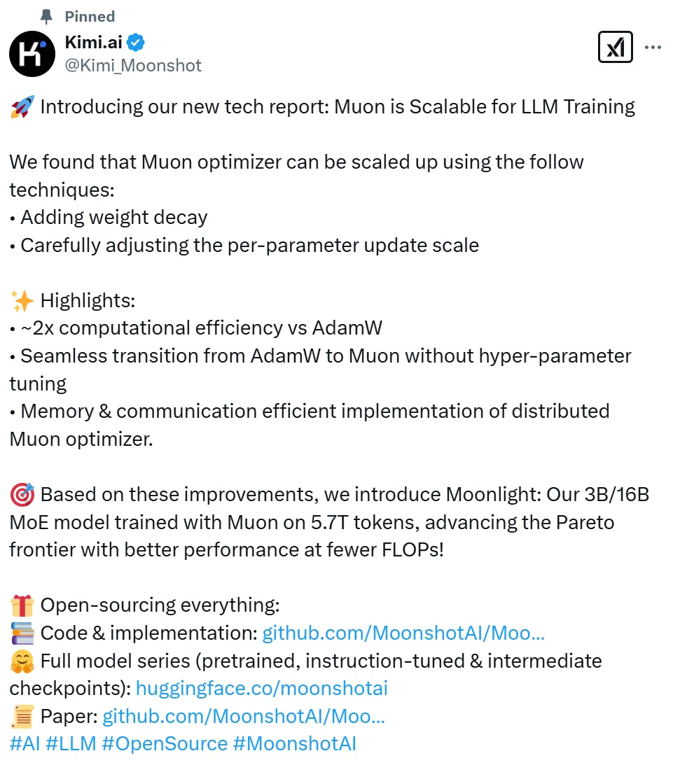 开源赛道太挤了!月之暗面开源新版Muon优化器