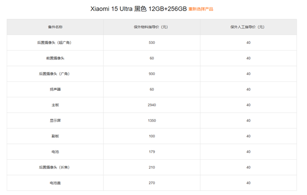 小米15 Ultra备件保外维修价格出炉:换主板最高3540元