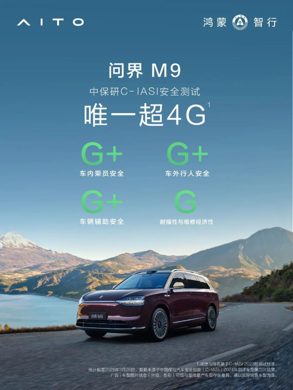 AITO问界M9斩获中保研超4G安全车型 行业唯一!