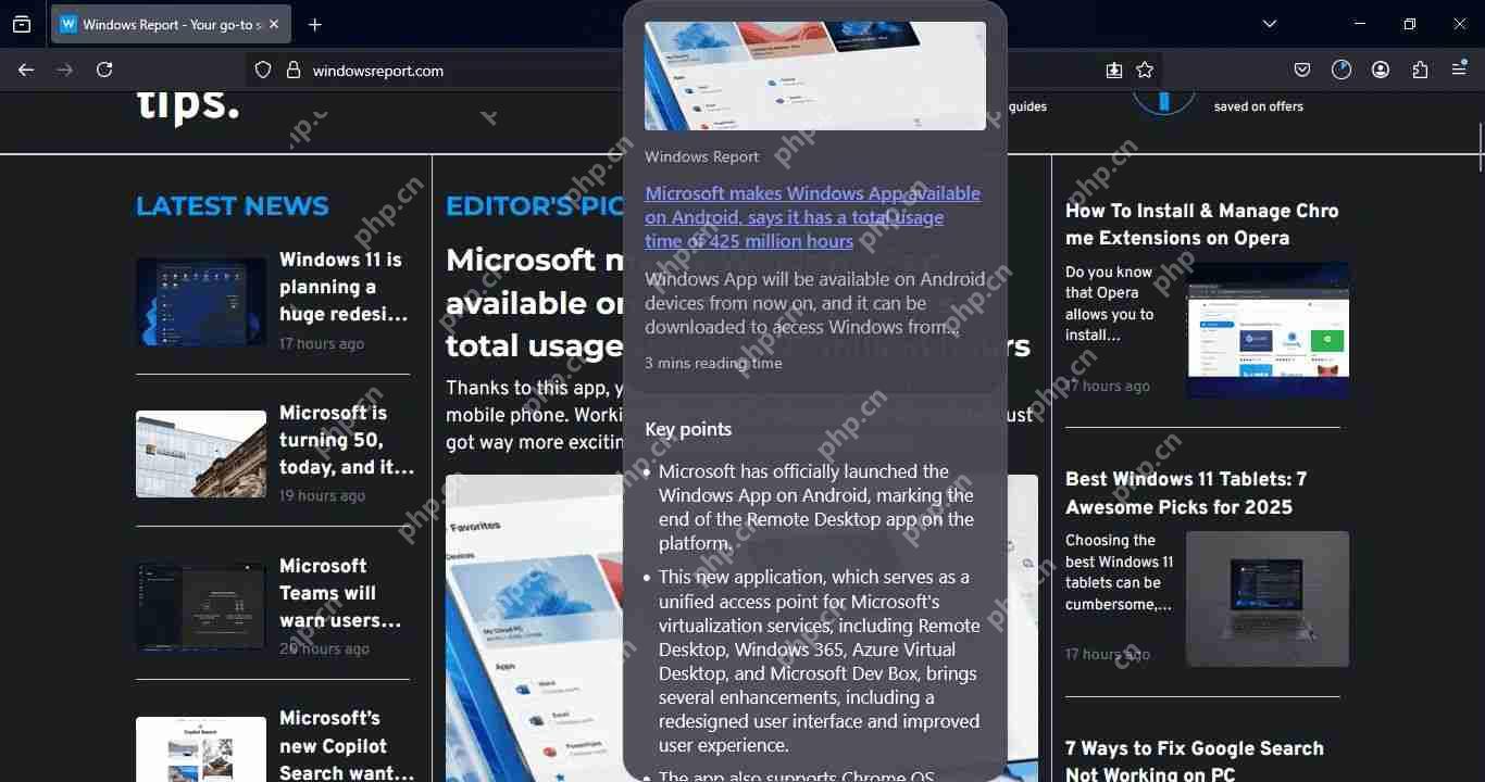 火狐 Firefox 浏览器测试 AI 链接悬停预览,解析网页关键点