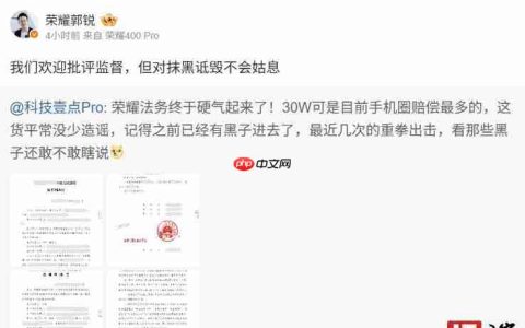 荣耀诉某数码博主获赔 30 万元：欢迎批评监督，但对抹黑诋毁不会姑息
