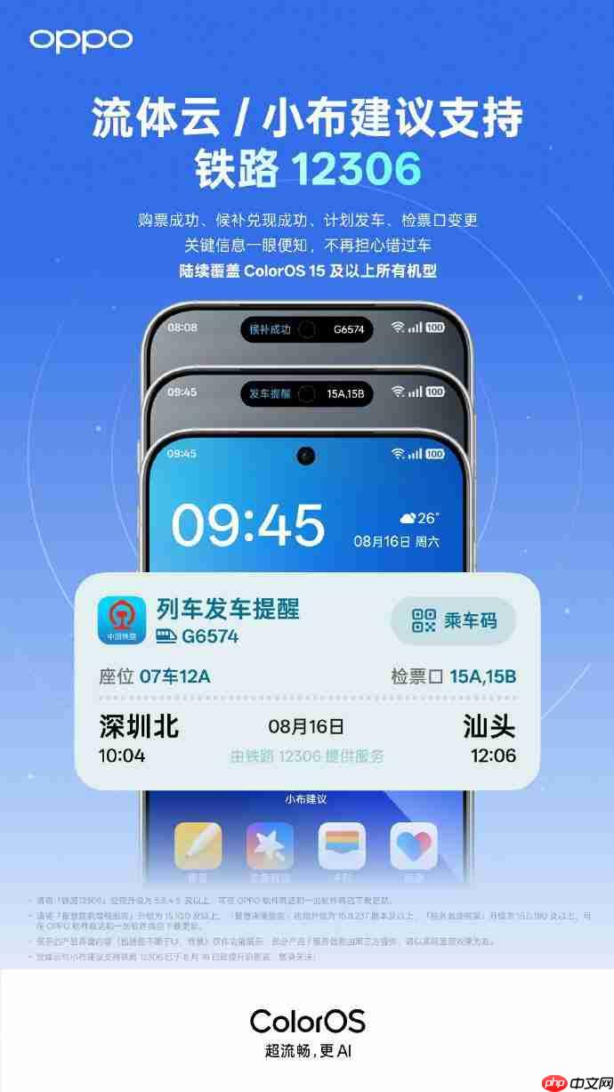 OPPO ColorOS 流体云接入铁路 12306,支持一加 13T、Ace5 至尊版等机型