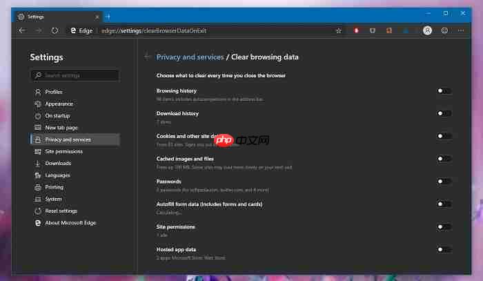 Win10 Edge Canary新增隐私选项,允许用户退出时选择清理数据