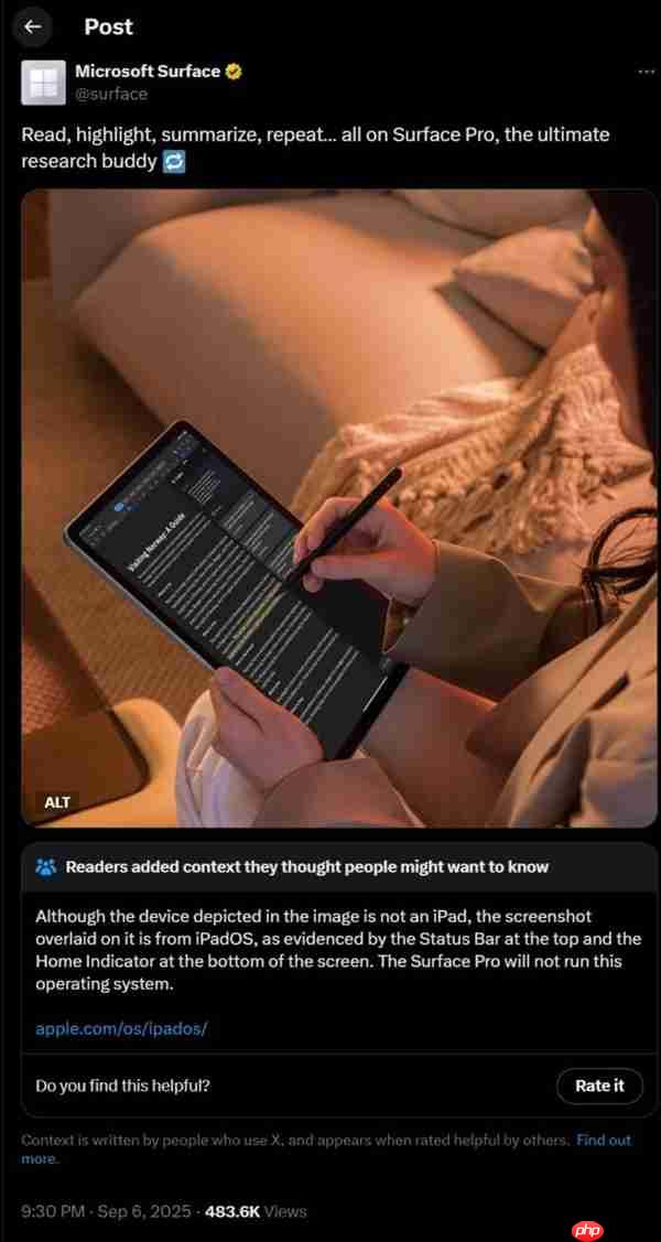 Surface Pro广告使用的却是iPadOS截图!微软将近一天后删除