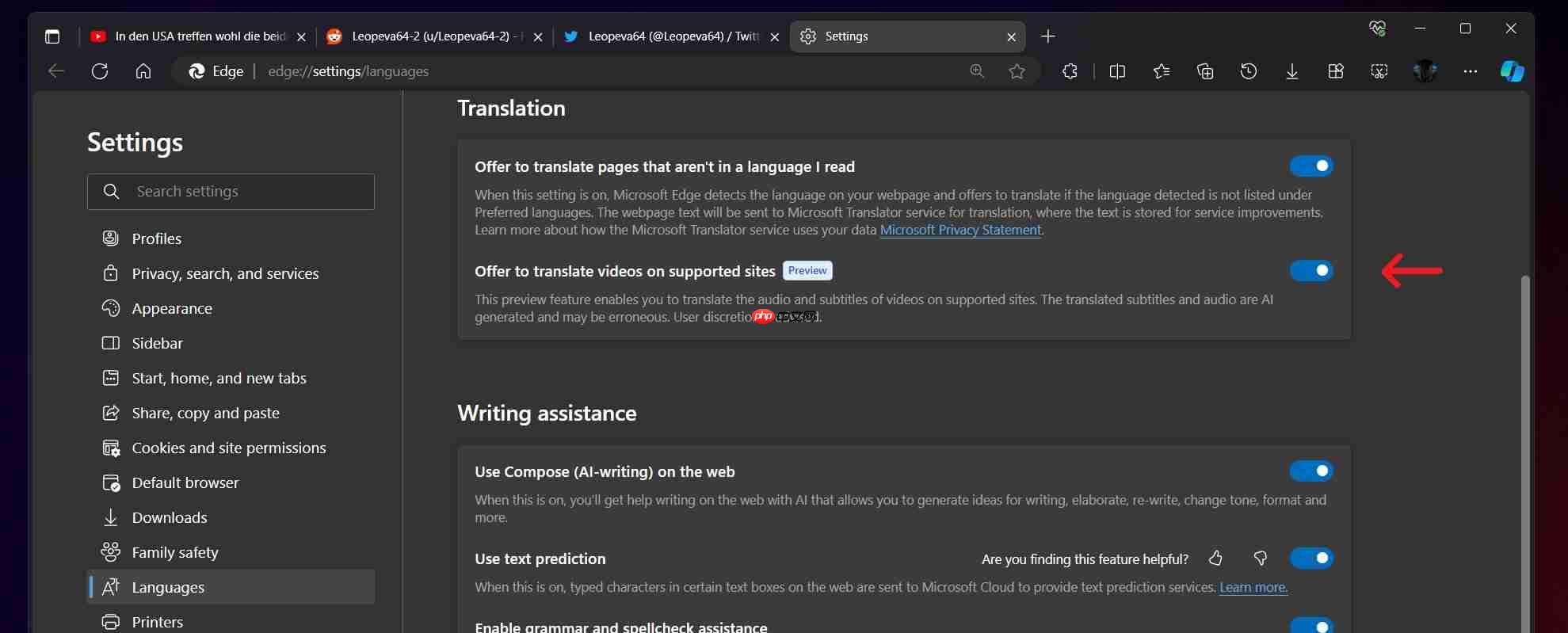 Edge 浏览器 Canary 版测试新特性:视频播放控件新增翻译切换开