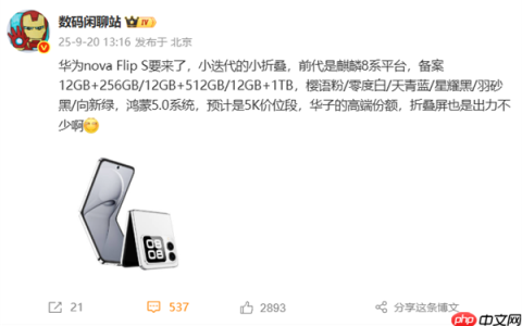 华为全新小折叠nova Flip S首曝：鸿蒙5.0、5000元价位段