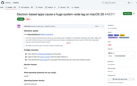 macOS 26 运行“Electron 系应用”导致系统全局性严重卡顿