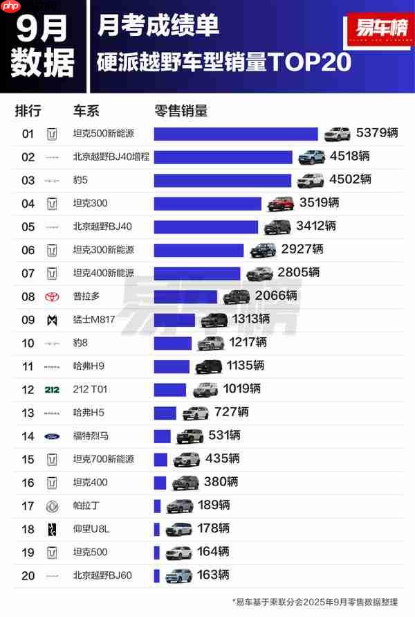 9月中国硬派越野车型销量排名:四款坦克杀入前十