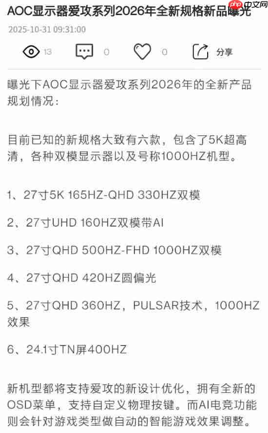 消息称AOC爱攻将推出多款新品:1000Hz超高刷显示器等