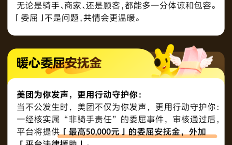 美团骑手委屈关怀计划发布，提供最高 5 万元安抚金