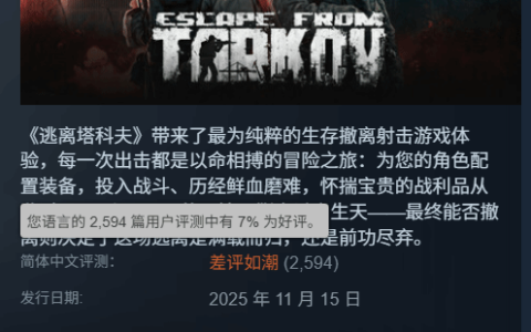 《逃离塔科夫》Steam差评如潮！服务器崩溃玩家失望