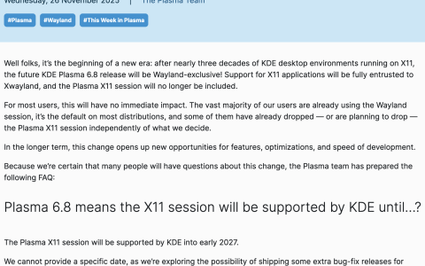 KDE Plasma 6.8 起将完全转向 Wayland