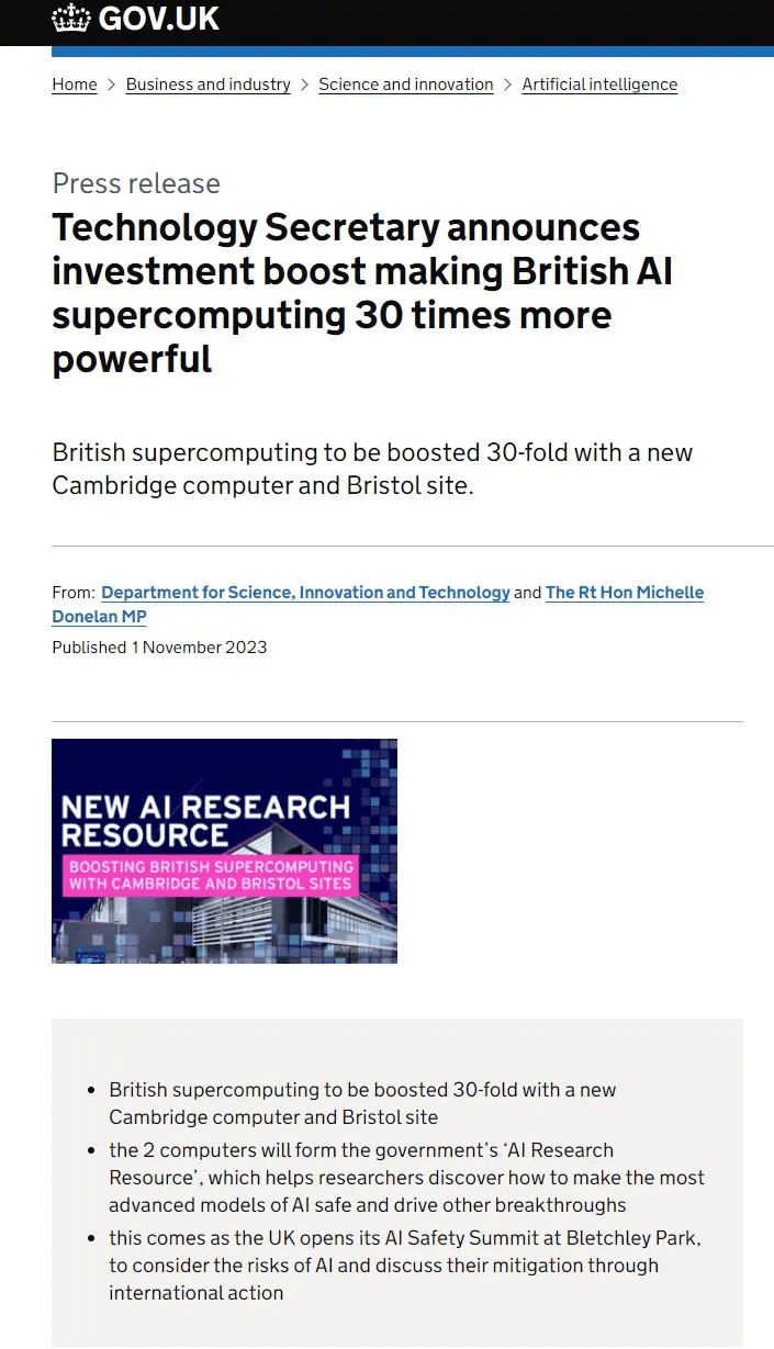 英国政府计划投资近3亿美元开发超级计算机,力争成为AI领导者
