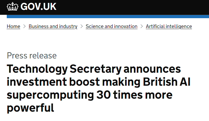 英国计划投资 2.25 亿英镑研发超级计算机,以推动 AI 大模型领域的发展