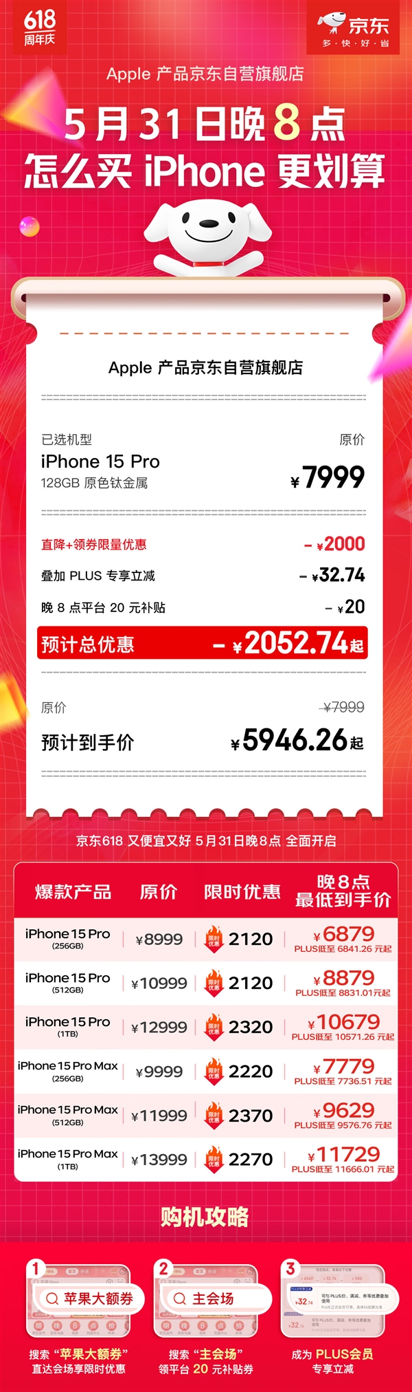京东618今晚开启 苹果最高降幅超2300:iPhone 15 Pro起售价跌破6000元