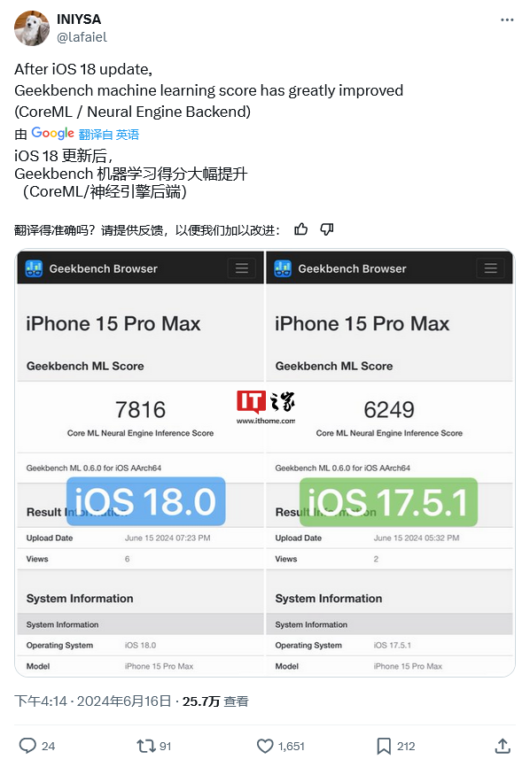 提高 25%!苹果 iOS 18 助力 iPhone 15 Pro Max 迈上 AI 新台阶,神经引擎推理得分暴涨至 7816