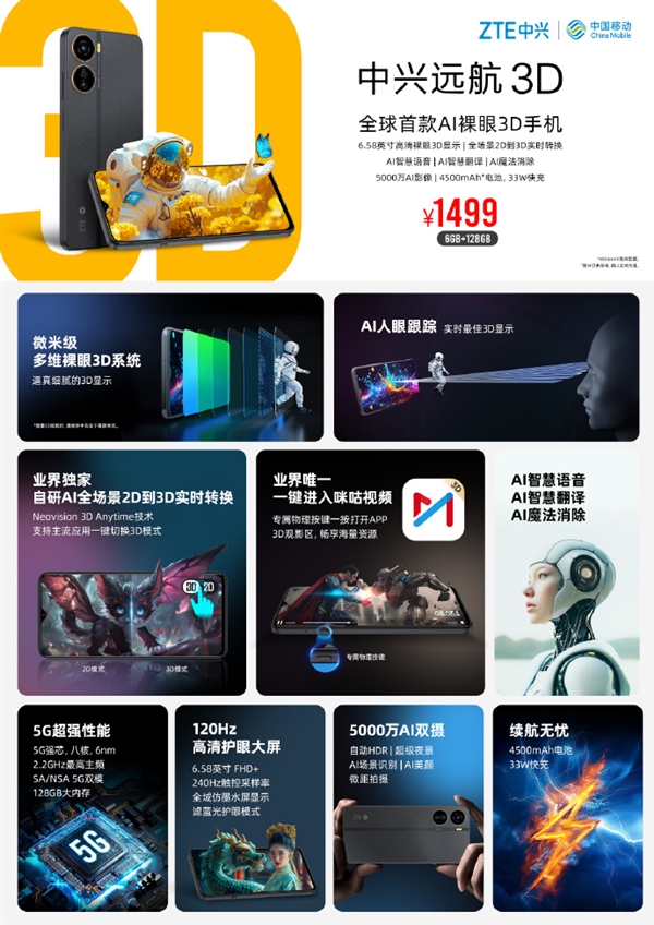 中兴首创AI裸眼3D手机!中兴远航3D开售:1499元