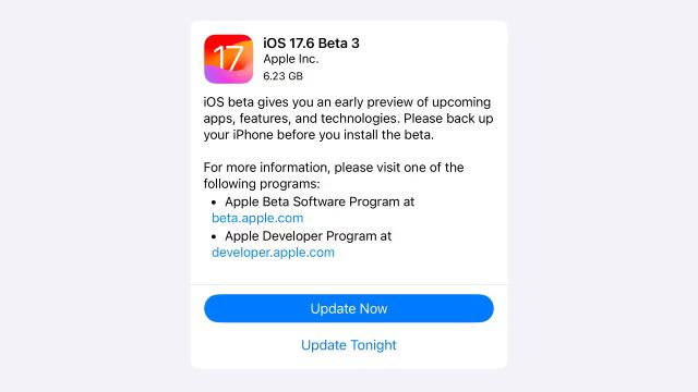 苹果 iOS / iPadOS 17.6 开发者预览版 Beta 3 发布