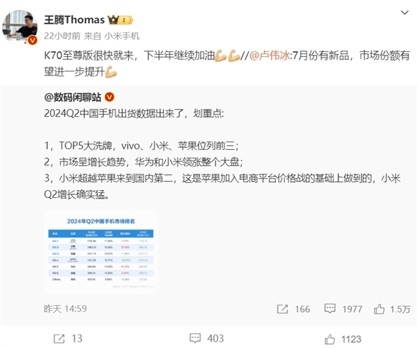 中国手机TOP5大洗牌!小米超苹果升至中国市场份额第二:7月还有大招