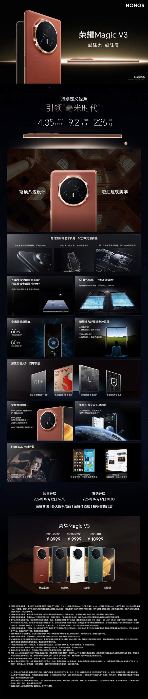 史上最轻薄折叠屏!一图了解荣耀Magic V3:8999元起