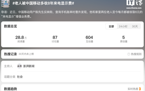 老人被中国移动多收 8 年来电显示费引热议，每月 6 元累计费用无法退回