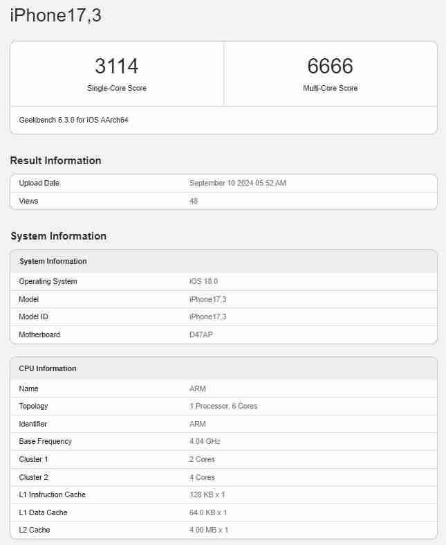 苹果 iPhone 16 Geekbench 跑分出炉,A18 处理器单核成绩 3114 分