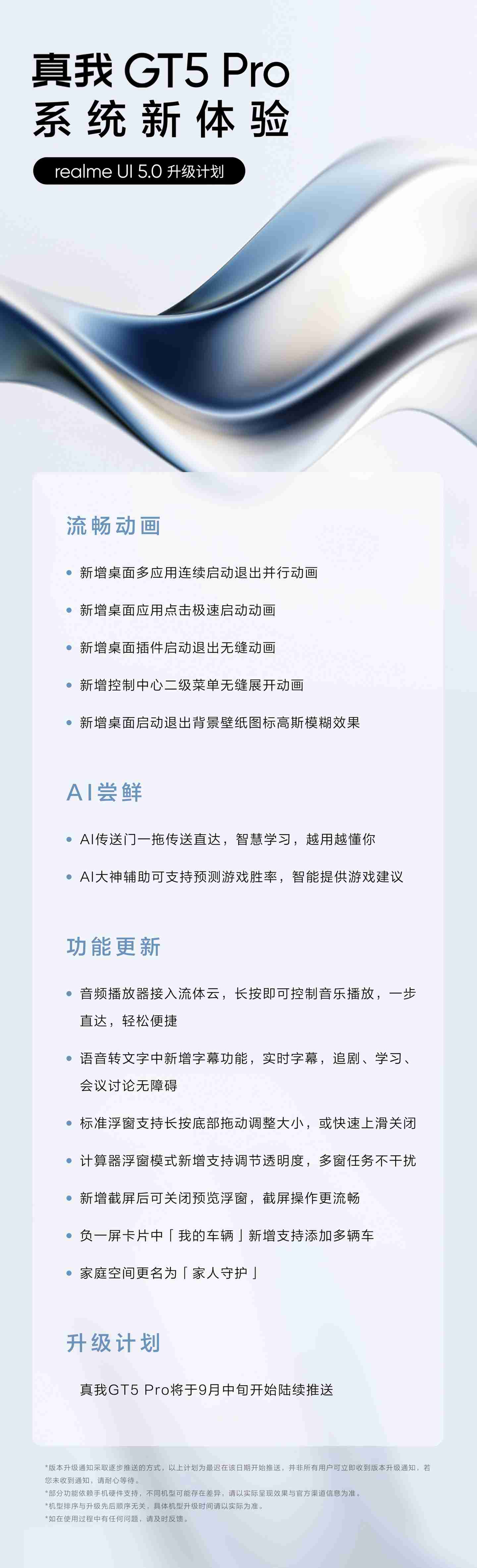 真我 GT5 Pro 手机 realme UI 5.0 升级计划公布:新增多项系统动画、音频播放器接入流体云, 9 月中旬推送